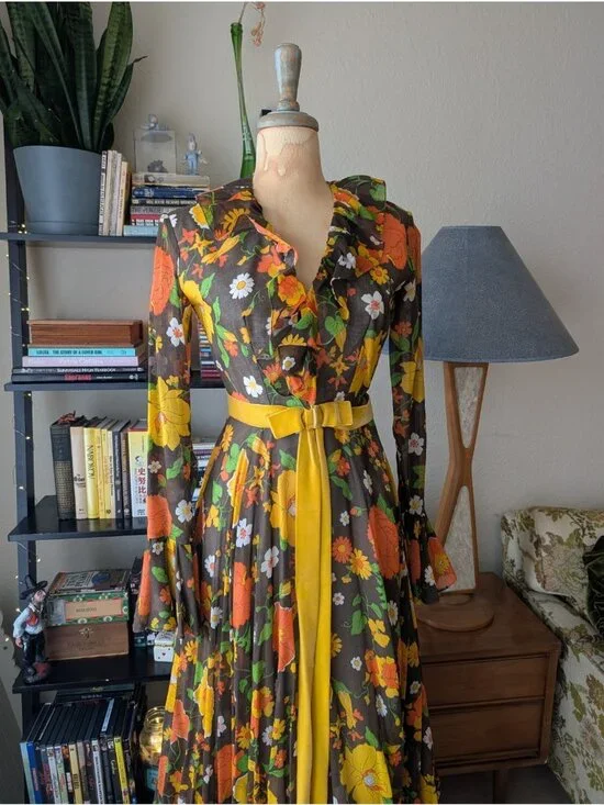 Vintage 60s 70s Floral Hippie Maxi Dress Long Sleeve Witchy Made in USA SM - Picture 2 of 16